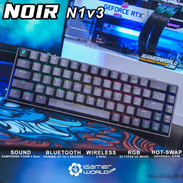 Noir N1v3 / N1 65% Grey Wireless Hotswap Mechanical Gaming Keyboard - RED SWITCH