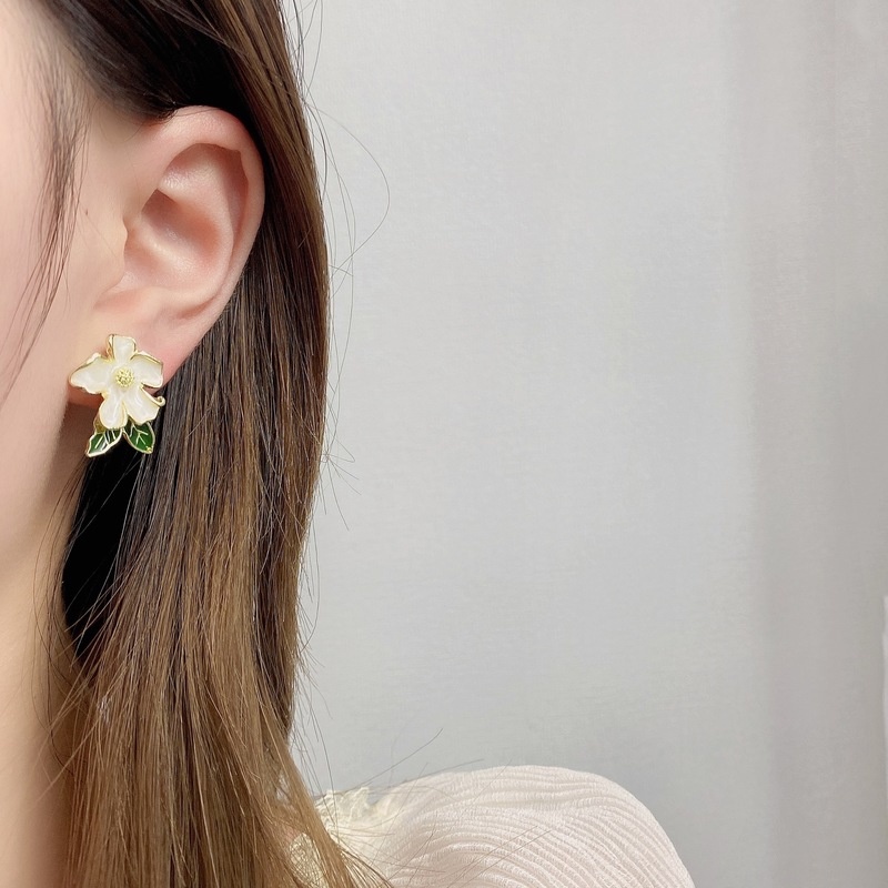 S925 Perak Musim Panas Putih Hijau Gardenia Earring Ear Studs Fashion Perhiasan Aksesori