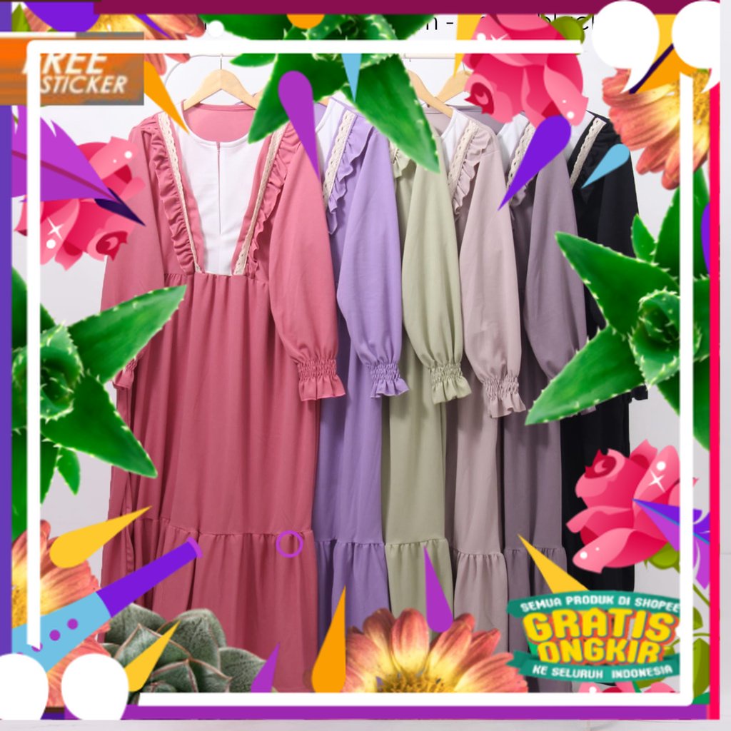 Gamis busui ruffle dada renda rempel 2 susun lengan smoked bahan voxy premium merk hf (168)/ solat s