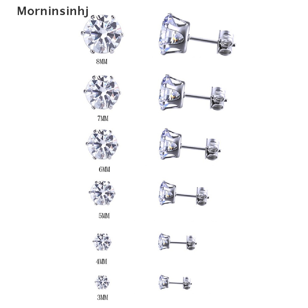 Mornin Anting Tusuk Wanita Bulat Stainless Steel Cubic Zirconia Hias 3mm-8mm 6pasang id