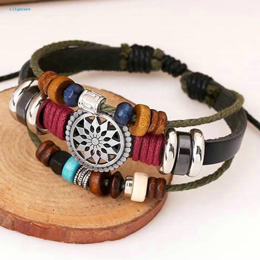 Lilyscent Boho Wanita Multi Layer Manik-Manik Anyaman Tali Kulit Gelang Adjustable Perhiasan