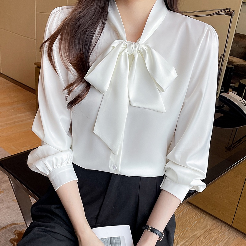 Kualitas Tinggi Putih Hijau Biru Blus Lengan Panjang Warna Solid Fashion Korea Garis Leher Kemeja