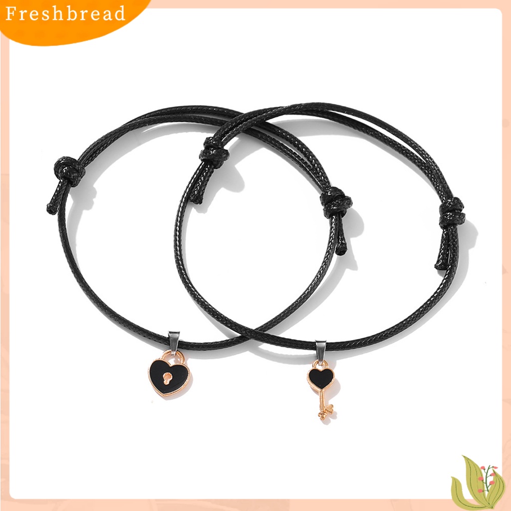 &lt; Freshbread &gt; 1pasang Gelang Couple ic Adjustable Tali Kepang Elastis Retro Hias Hadiah Kunci Cinta Hati Wanita Pria Pesona Gelang Perhiasan Untuk Kehidupan Sehari-Hari