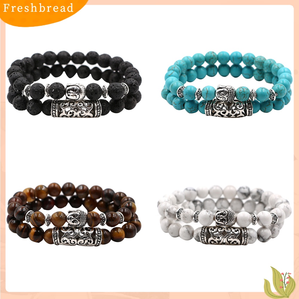 &lt; Freshbread &gt; Fashion 2 Pcs Batu Alam Yoga Perhiasan Unisex Buddha Kepala Manik-Manik Gelang Set