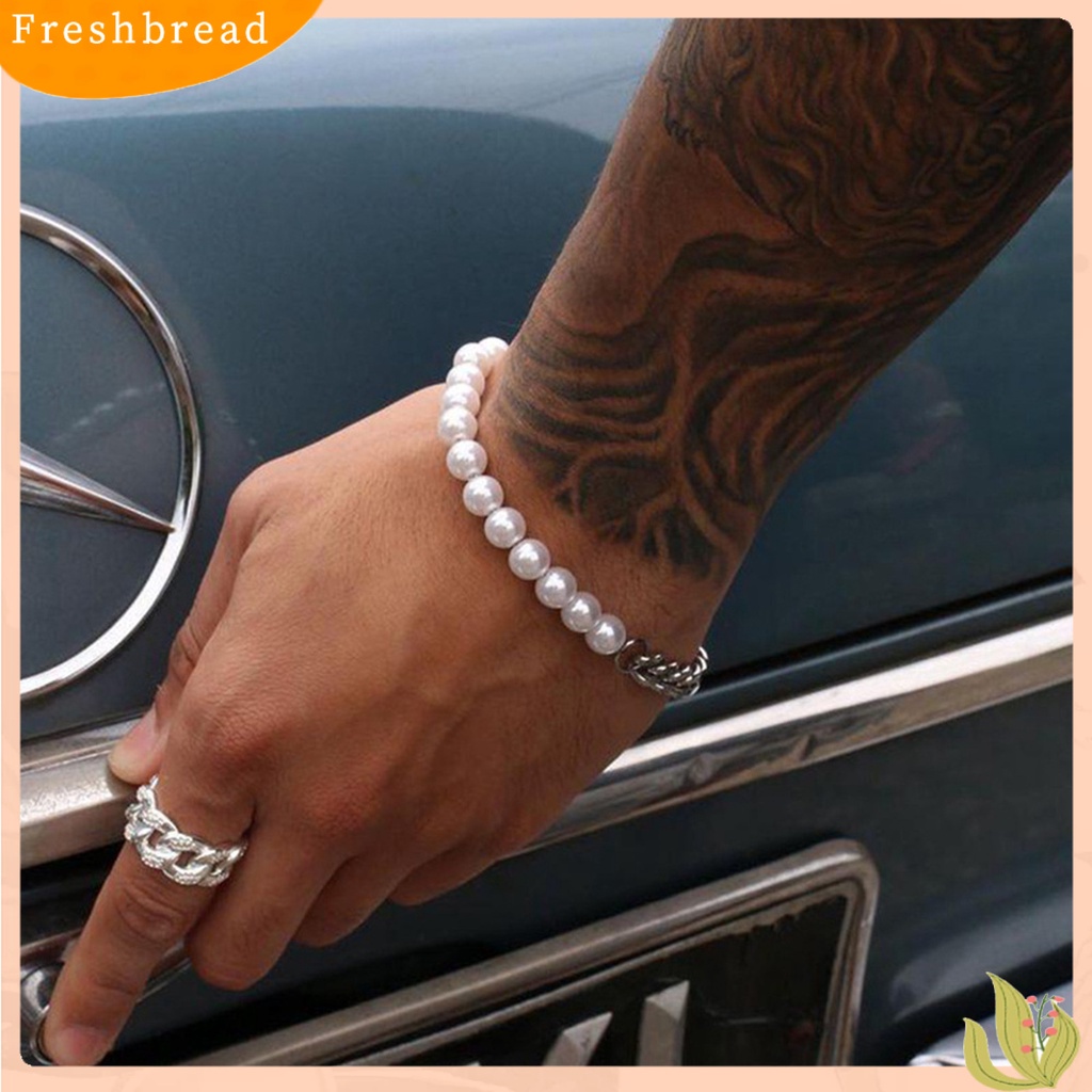 &lt; Freshbread &gt; Pria Gelang Penampilan Sederhana Hip-hop Perhiasan Fashion Mutiara Imitasi Rantai Kuba Splicing Bangle Untuk Kehidupan Sehari-Hari