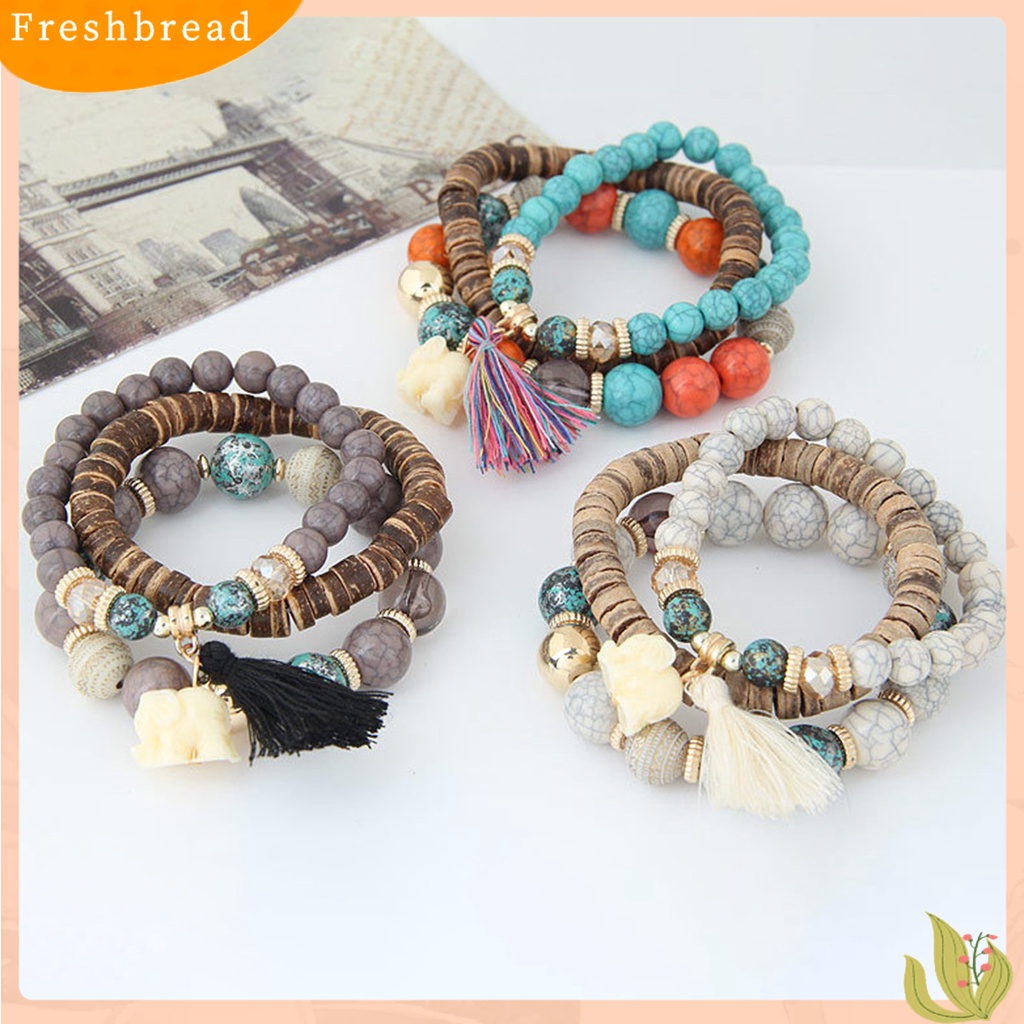 &lt; Freshbread &gt; 3Pcs/Set Tali Elastis Multilayer Resin Wanita Gelang Wanita Bohemia Gajah Rumbai Manik-Manik Gelang Perhiasan Aksesori