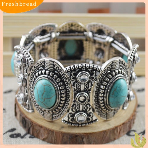 &lt; Freshbread &gt; Retro Hadiah Wanita Oval Pirus Ukir Tibet Bangle Gelang Boho Perhiasan