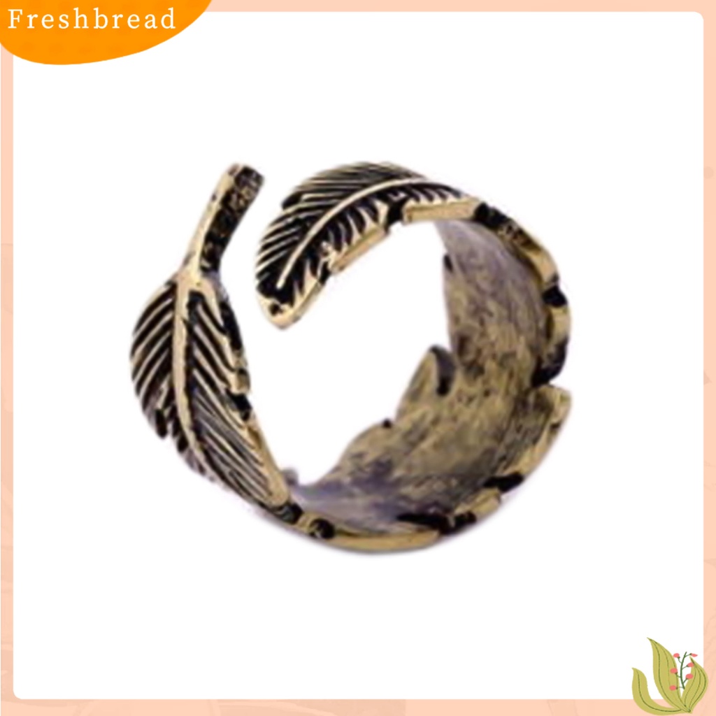 &lt; Freshbread &gt; Cincin Terbuka Motif Daun Etsa Bulu Adjustable Bronze Antik Unisex Opening Ring Jewelry Untuk Pesta