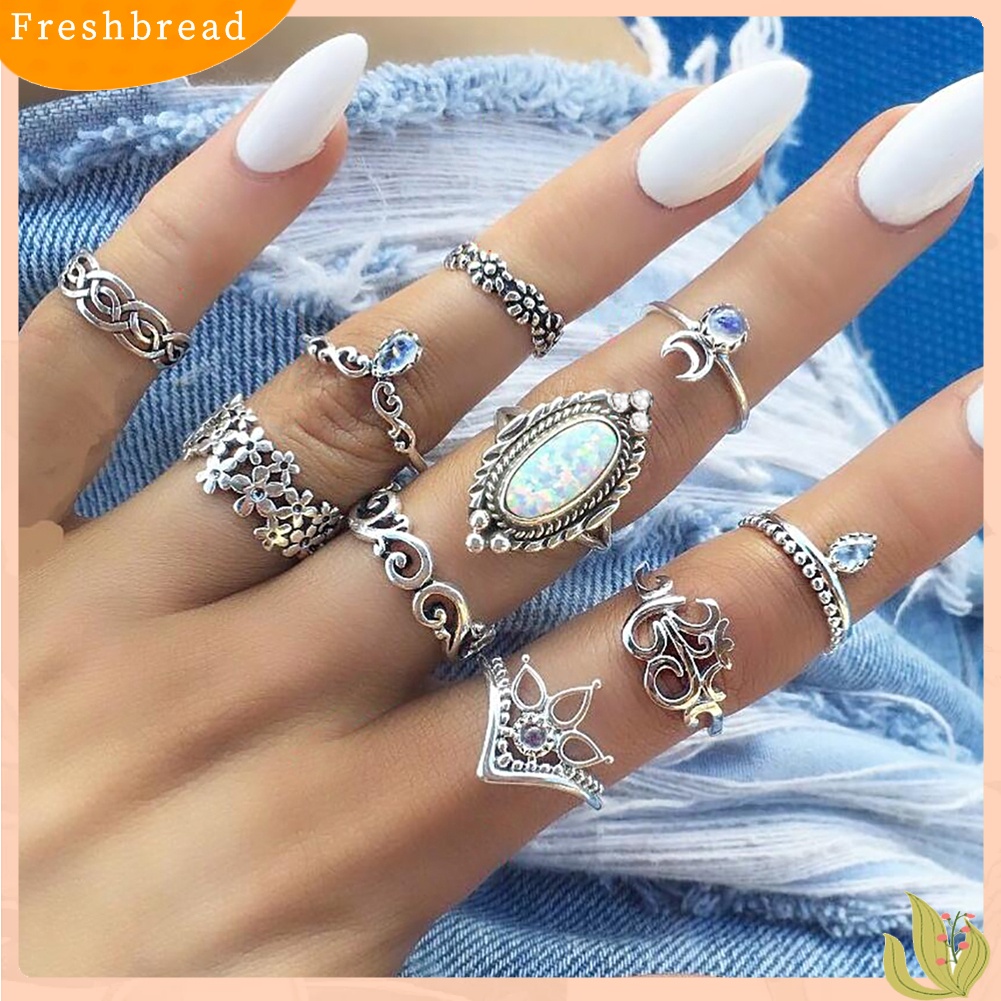 &lt; Freshbread &gt; 10 Pcs Wanita Retro Faux Opal Rhinestone Knuckle Midi Finger Stacking Joint Ring