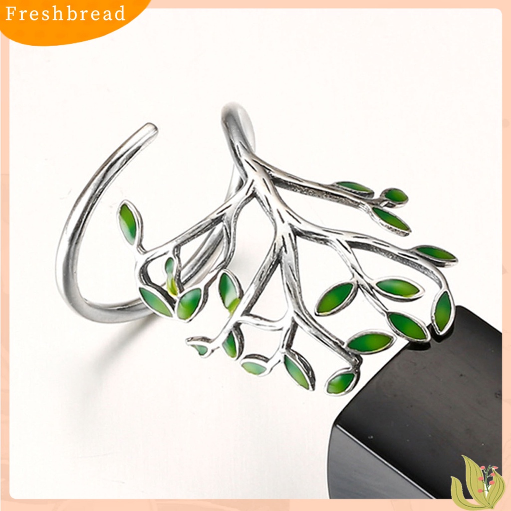 &lt; Freshbread &gt; Cincin Unisex Bukaan Adjustable Tembaga Cabang Hijau Daun Cincin Perhiasan Aksesoris
