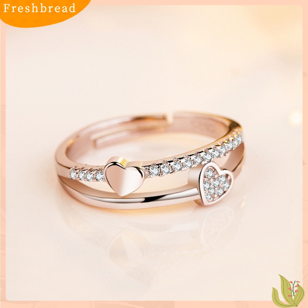 &lt; Freshbread &gt; Fashion Wanita Berlian Imitasi Bertatahkan Hati Ganda Cincin Berakhir Terbuka Perhiasan Hadiah