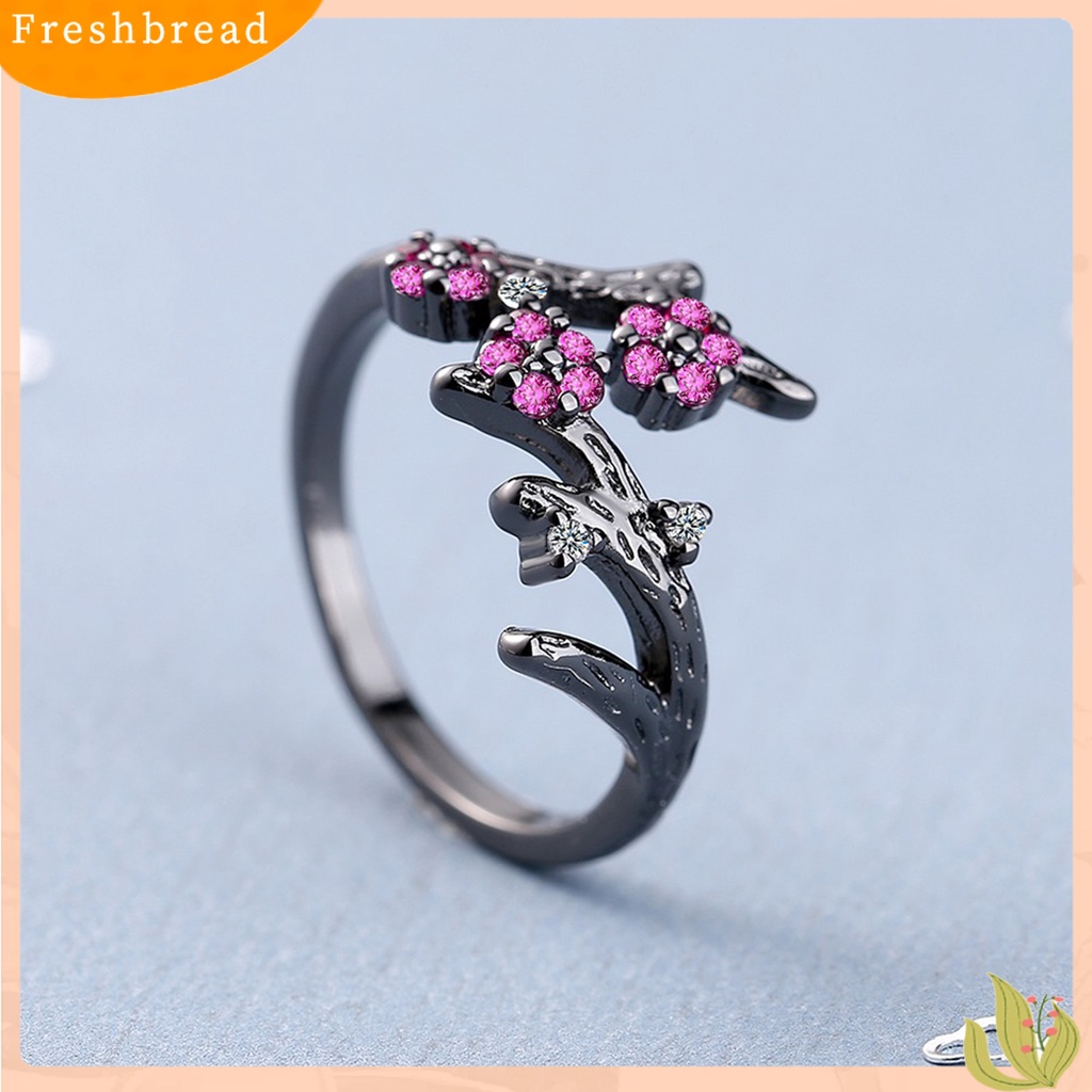 &lt; Freshbread &gt; Cincin Adjustable Open End Copper Blooming Plum Flower Rhinestone Ring Untuk Pakaian Sehari-Hari