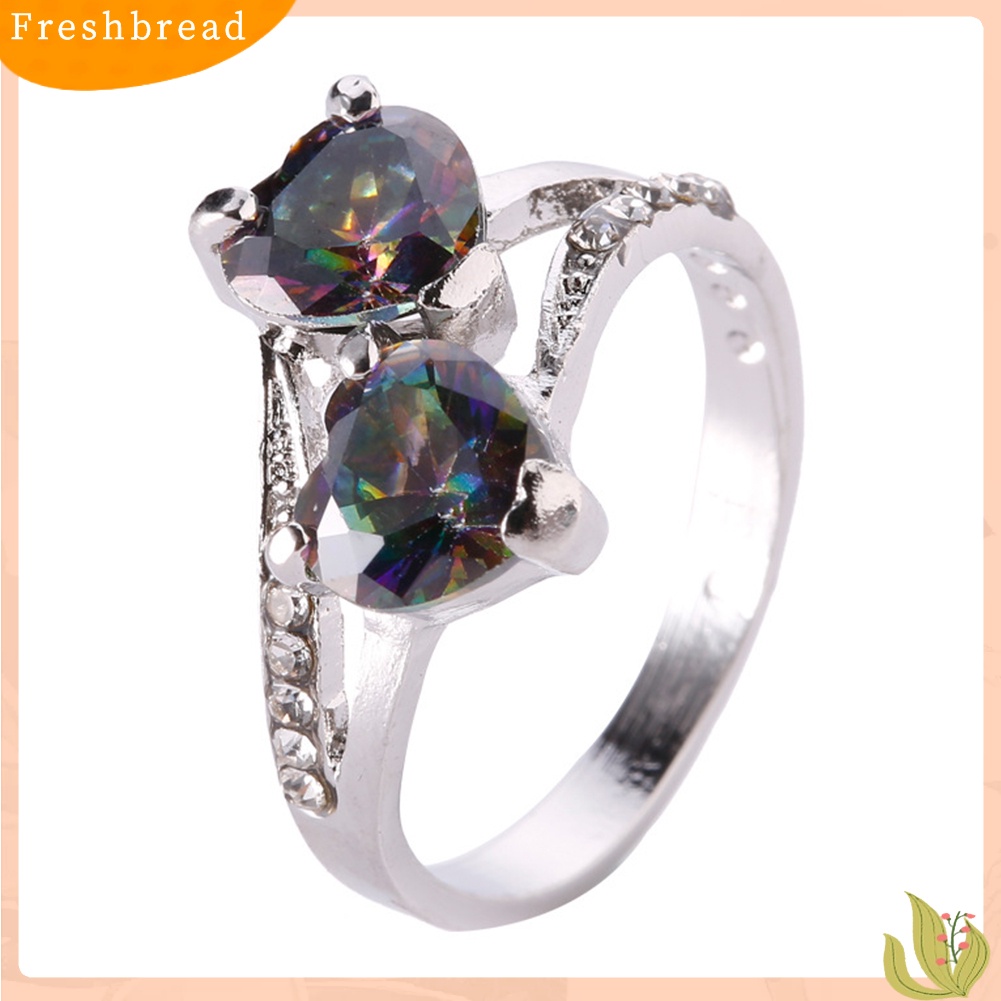 &lt; Freshbread &gt; Fashion Wanita Mewah Cubic Zirconia Berlian Imitasi Bertatahkan Cinta Ganda Cincin Hati