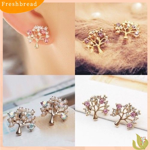 &lt; Freshbread &gt; Fashion Wanita Lucu Berlian Imitasi Mutiara Imitasi Bentuk Pohon Kecil Stud Earrings