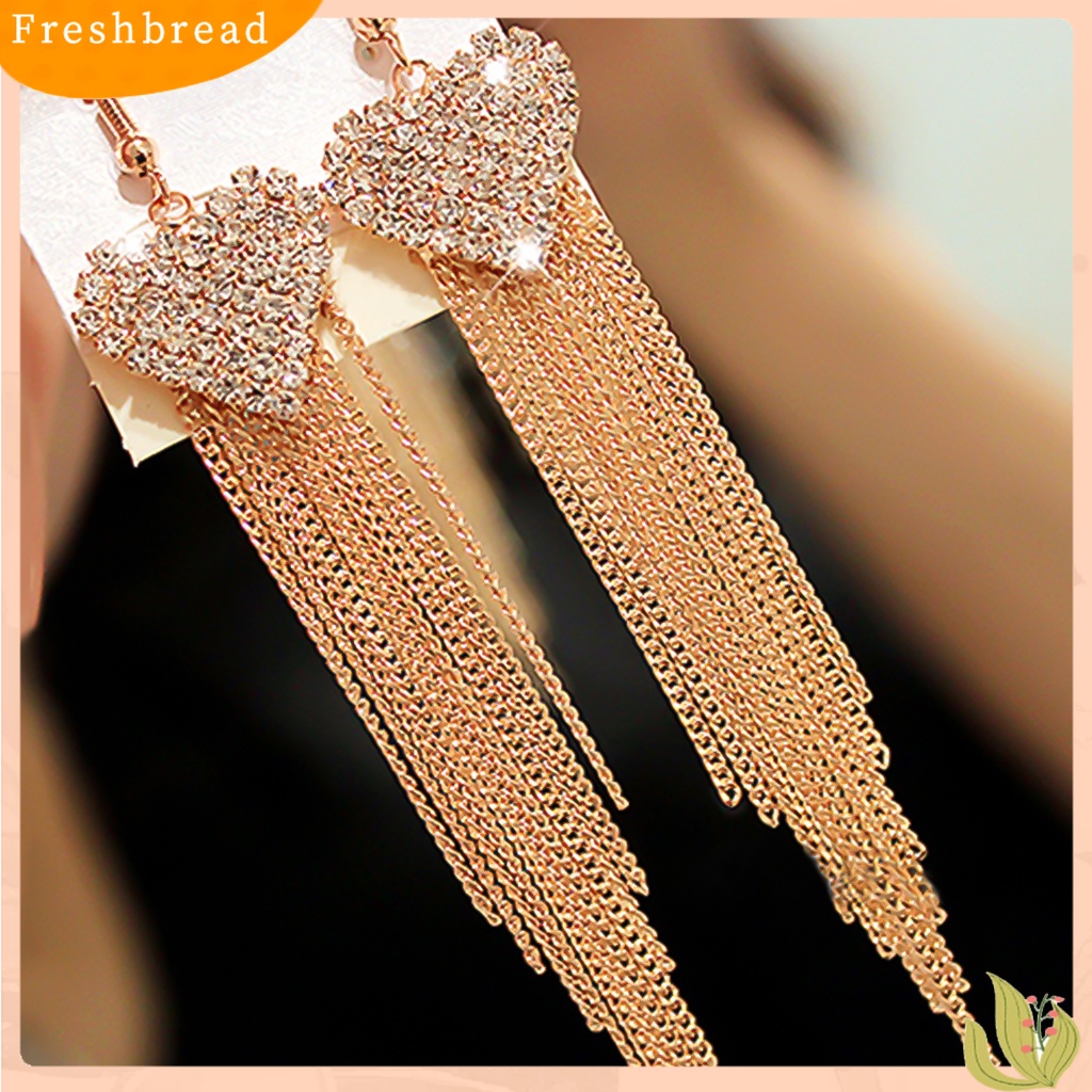 &lt; Freshbread &gt; Anting Linear Love Bentuk Hati Hias Berlian Imitasi Wanita Jumbai Panjang Menjuntai Kait Earrings Perhiasan Untuk Pesta