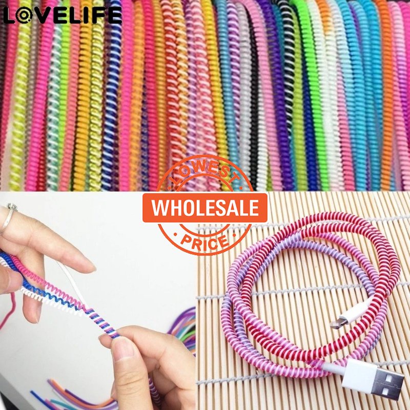 [Harga Grosir] 1.4m Laser Color Charging Cable Protector Data Lines Pelindung Kabel DIY Penutup Pelindung Spiral Garis Tahan Debu Kabel Tali Intertwine Rope TPU Soft Date Kabel Winder