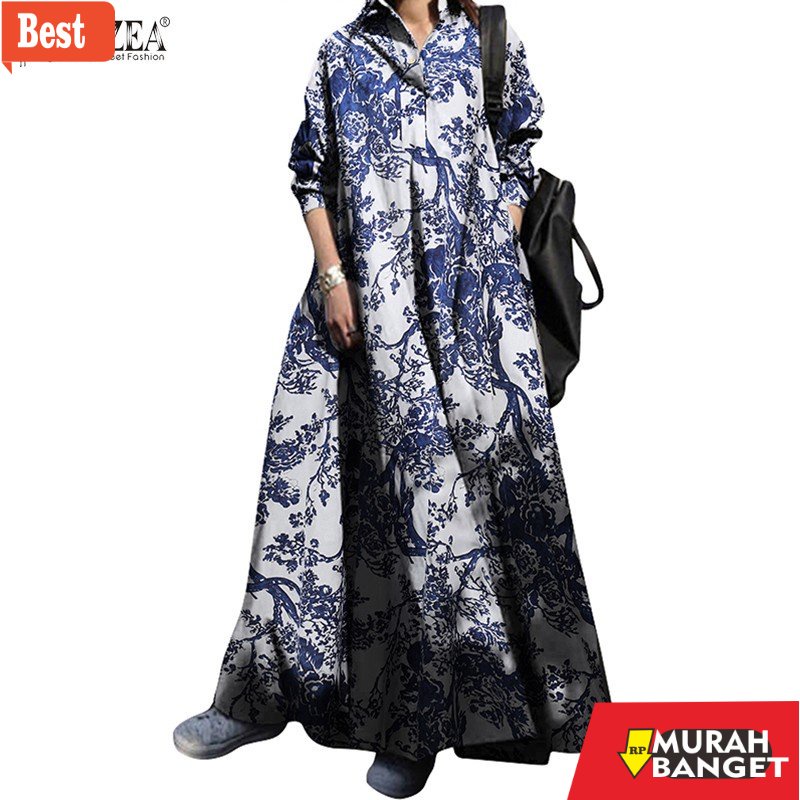 GAMIS RAMADHAN TERBARU UNTUK WANITA- ZANZEA Women Casual Color Printing Turn-Down-Collar Maxi Dress