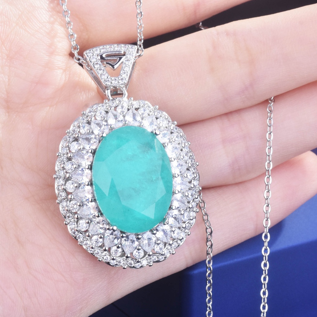 Goldkingdom Fashion Perhiasan Aksesoris Ready Stock Mewah Full Berlian Vintage Kalung Danau Biru Paraiba Berbentuk Telur Karat Besar Tourmaline Pendant