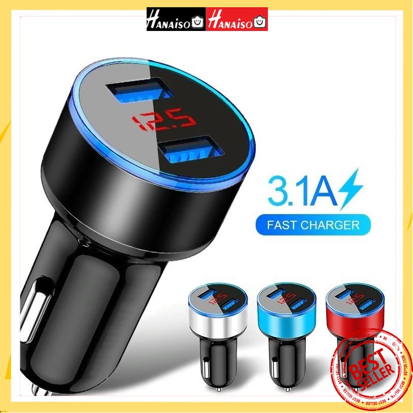 TERMURAH MEDAN Hanaiso Charger Mobil 5v 3.1a Quick Charge Fast Charging Qualcomm 2 Dua Port Usb Layar Led Indikator Voltmeter Lighter Adaptor Car Charger Turbo Charge