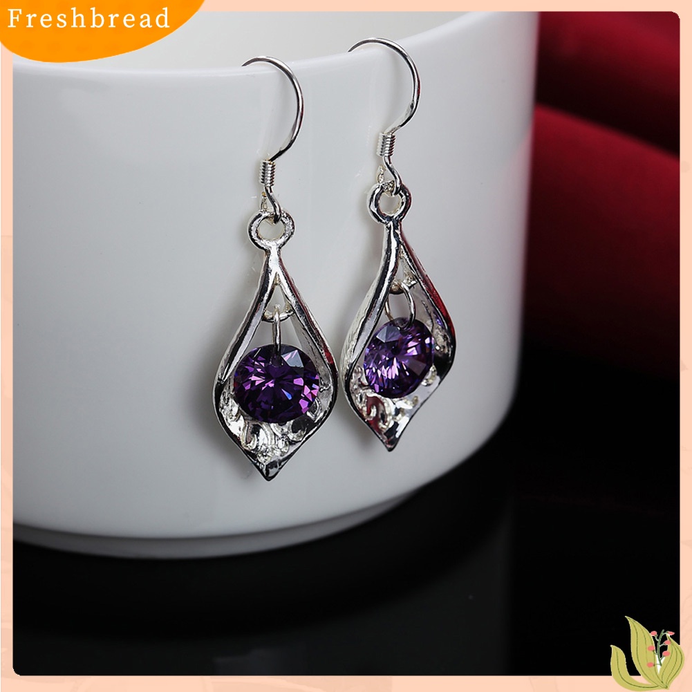 {In Stock} Fashion Perak Berlapis Zirkon Ungu Pesona Drop Menjuntai Anting Lady Perhiasan Hadiah