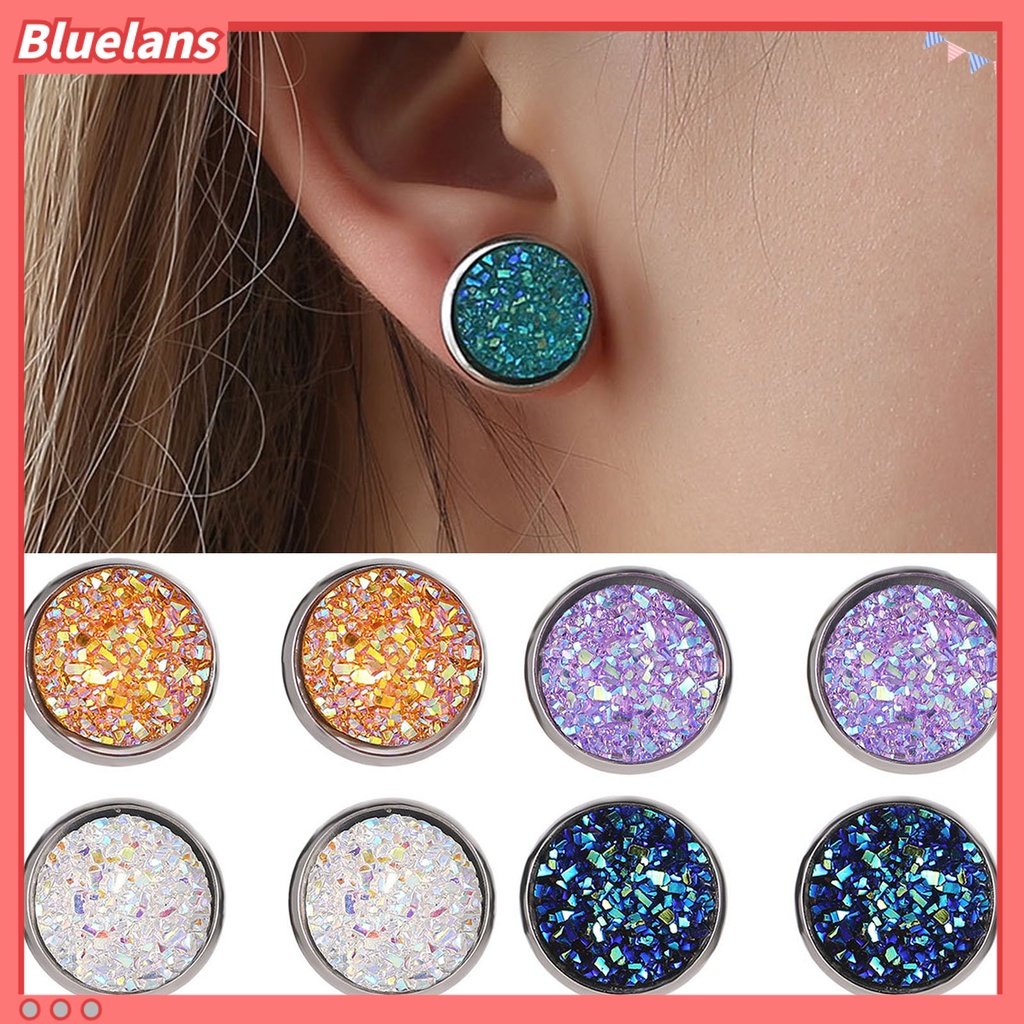 {In Stock} 1pasang Ear Stud Hias Stud Telinga Berlian Imitasi Bentuk Bulat Stainless Warna-Warni Untuk Hadiah