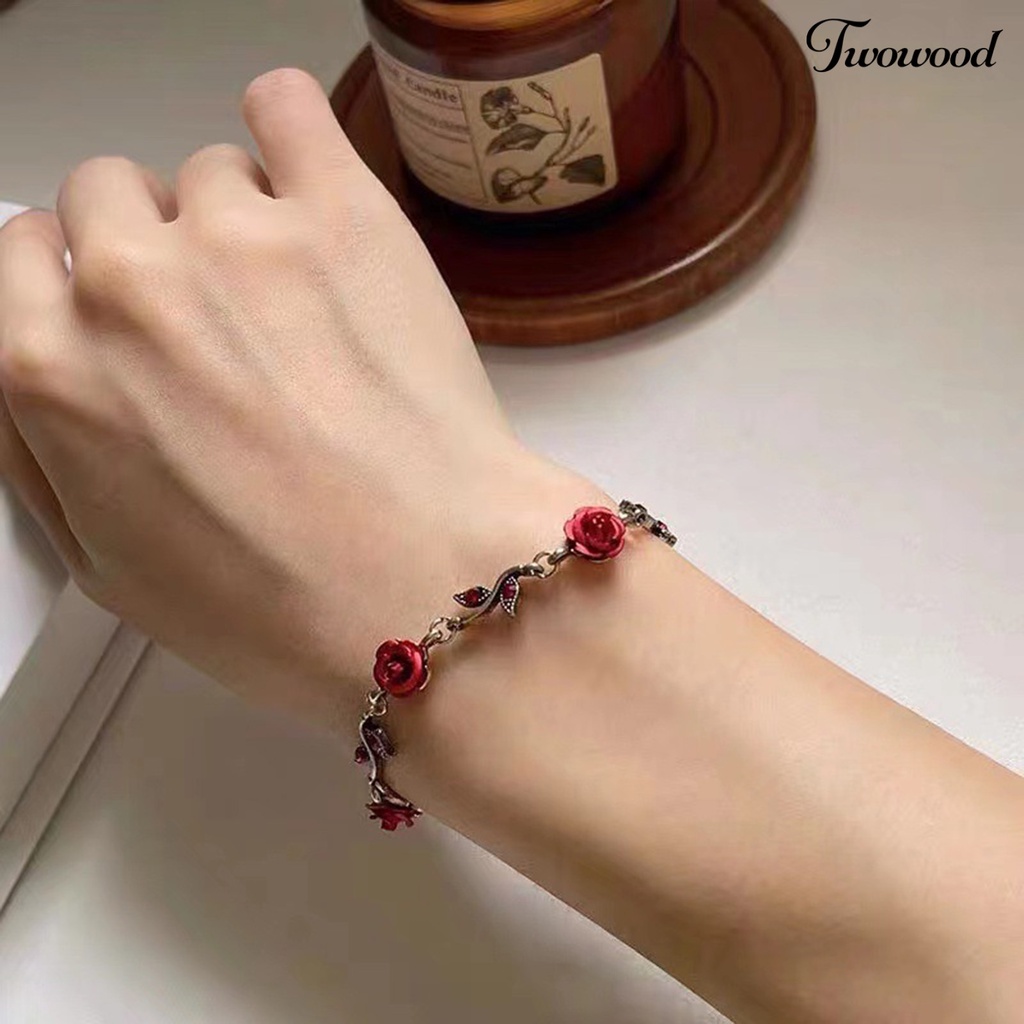 Twowood 1set Wanita Rose Kalung Gaya Perancis Retro Elegan Rantai Emas Peri Hadiah Adjustable Bunga Merah Gelang Stud Anting Kit Perhiasan Aksesoris