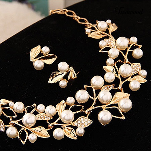 Twowood Elegan Bridal Faux Pearl Leaves Choker Kalung Stud Earrings Set Perhiasan