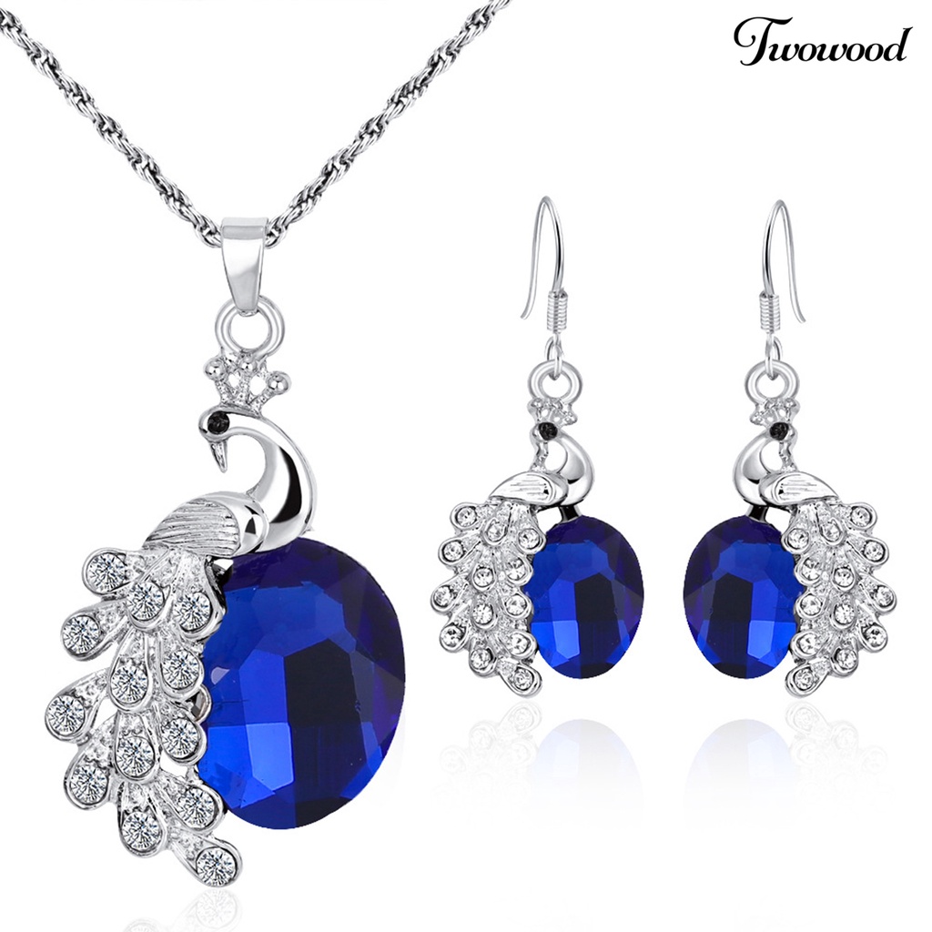 Twowood 2Pcs/Set Kalung Anting Set Biru Kristal Imitasi Kepribadian Glitter Indah Bentuk Merak Hias Berlian Imitasi Liontin Anting Kalung Perhiasan Aksesori