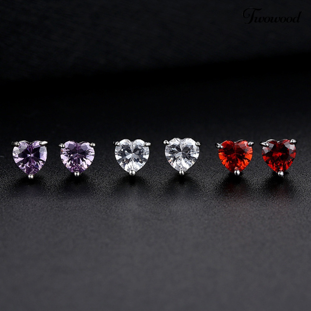 Twowood Lady Shiny Cubic Zirconia Cinta Hati Liontin Kalung Stud Earrings Set Perhiasan