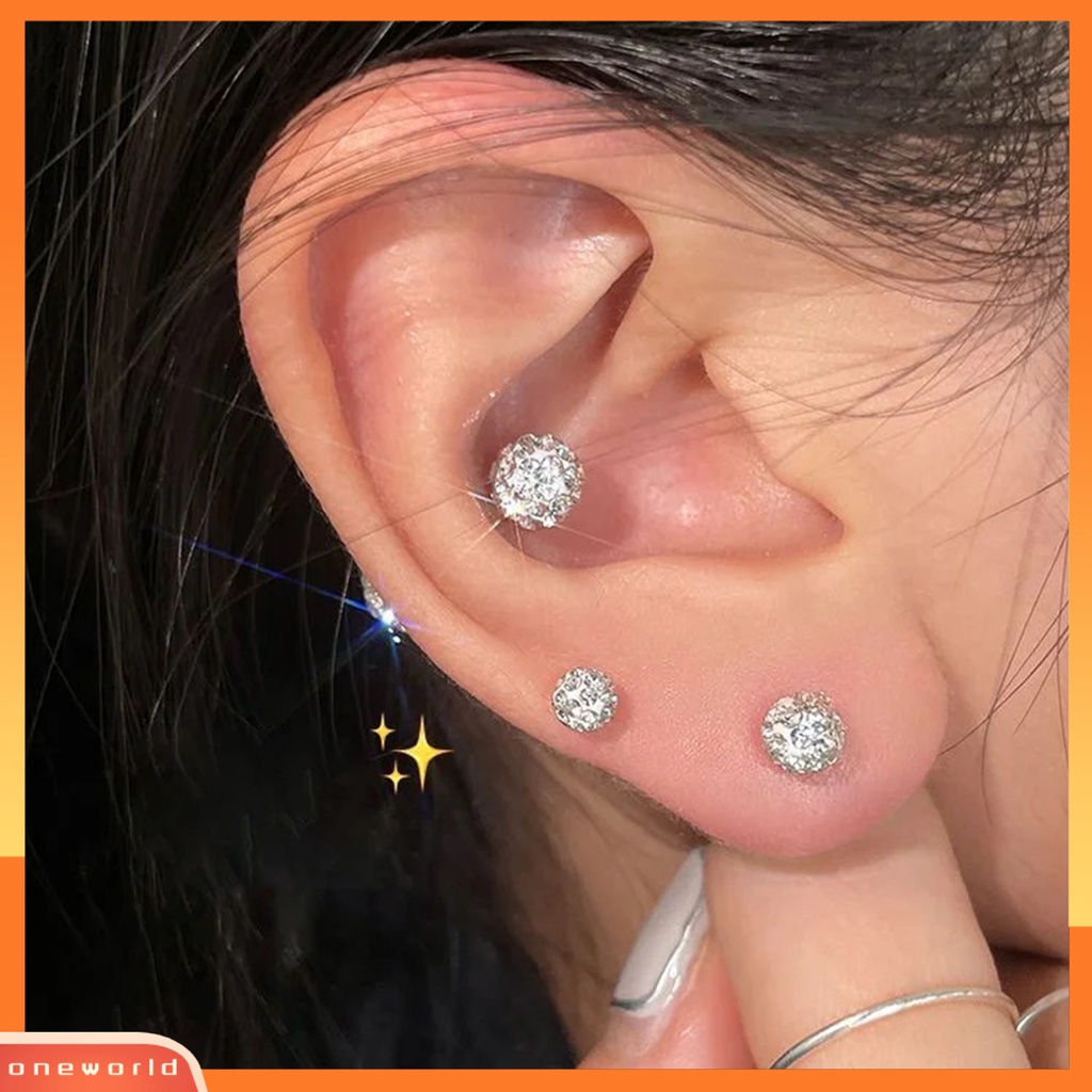 [OWR] 1pasang Ear Studs4Per5/6mm Kepala Ganda Sekrup Belakang Hypoallergenic Kecil Shiny Cubic Zirconia Women Earrings Fashion Jewelry