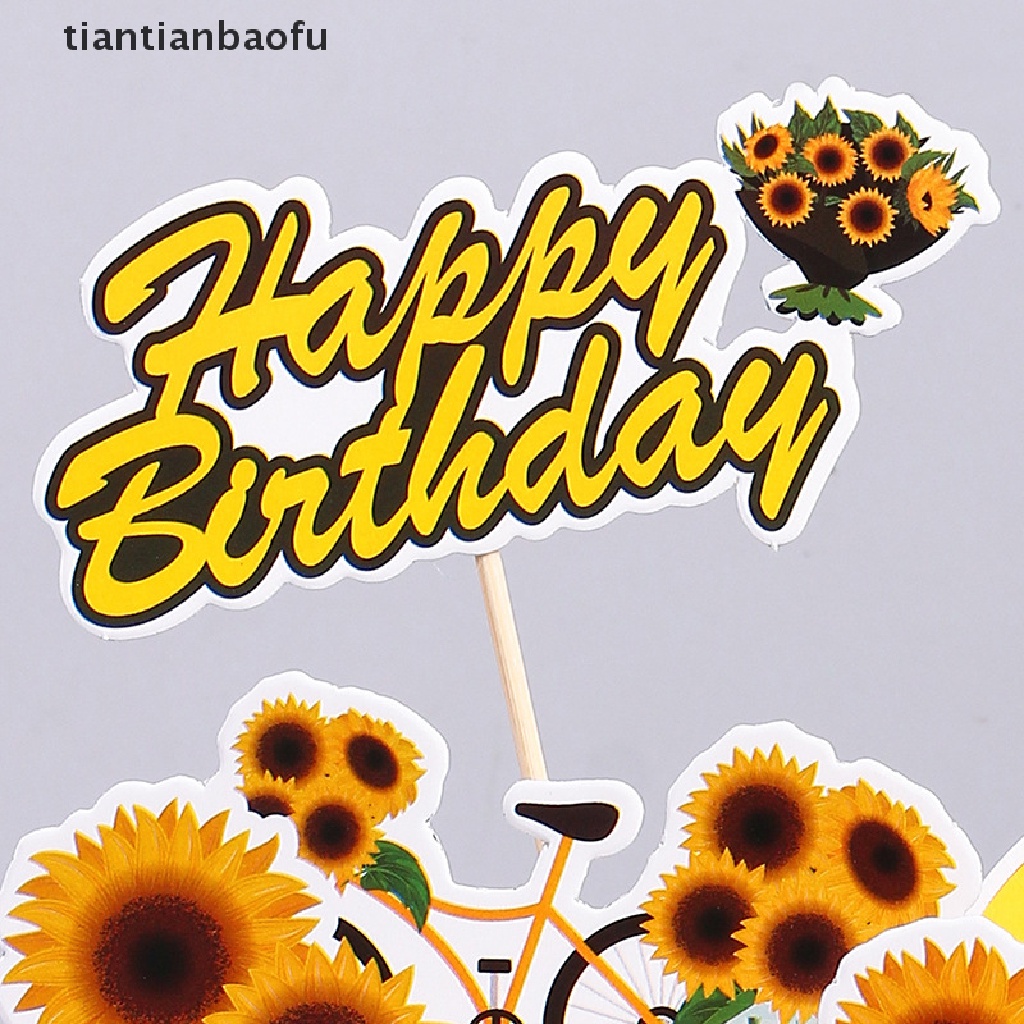 [tiantianbaofu] 1set Topper Kue Happy Birthday Sunflower Girl Bike Cupcake Toppers Perlengkapan Butik