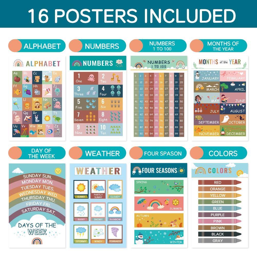 Mxbeauty Pendidikan Usia 16 Pcs Bayi Hadiah Untuk Anak-Anak Poster Mainan Poster Belajar Gaya Bohemian Pencerahan Inggris Hiasan Dinding Edukasi Poster Prasekolah