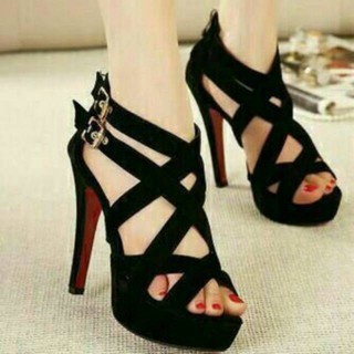 SEPATU SENDAL WANITA HITAM T06 HAK TINGGI HEELS 9cm PESTA KONDANGAN - 37