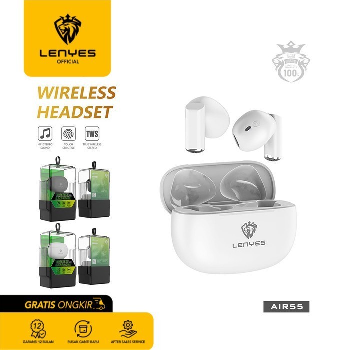 LENYES TWS Earphone Air 55 True Wireless Touch Hi-Fi Sound Bluetooth - Putih headset handsfree earbud rechargeable stereo in ear mini