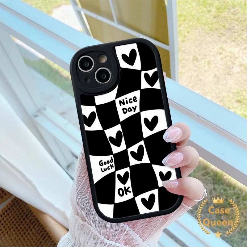 IPHONE Lucu Blok Tidak Teratur Hitam Putih Cinta Hati Kompatibel Untuk Iphone11 13 14 12 Pro Max 7plus XR 6s 7 6 8 plus XS Max X SE 2020 Pasangan Casing Soft Tpu Back Case