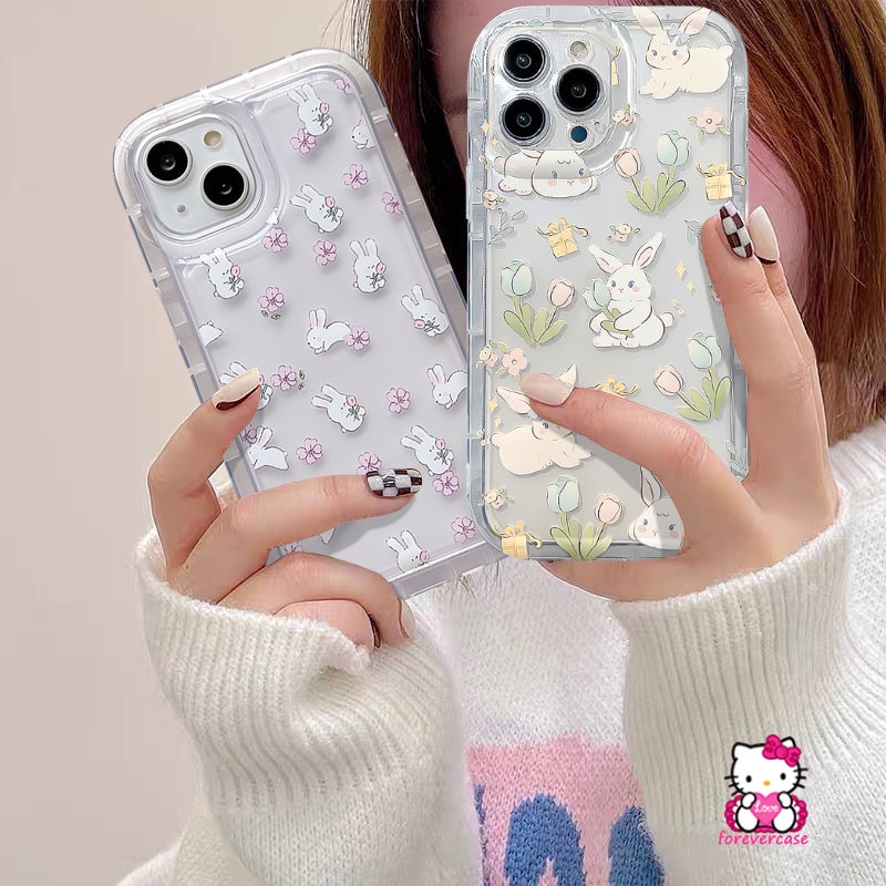 IPHONE Ins Bunga Segar Lucu Kartun Kelinci Case Kompatibel Untuk Iphone11 13 12 14 Pro MAX XR 6 6S Plus 7Plus 8Plus XS X MAX Airbag Shockproof Transparan Lembut Kawaii Phone Shell Case