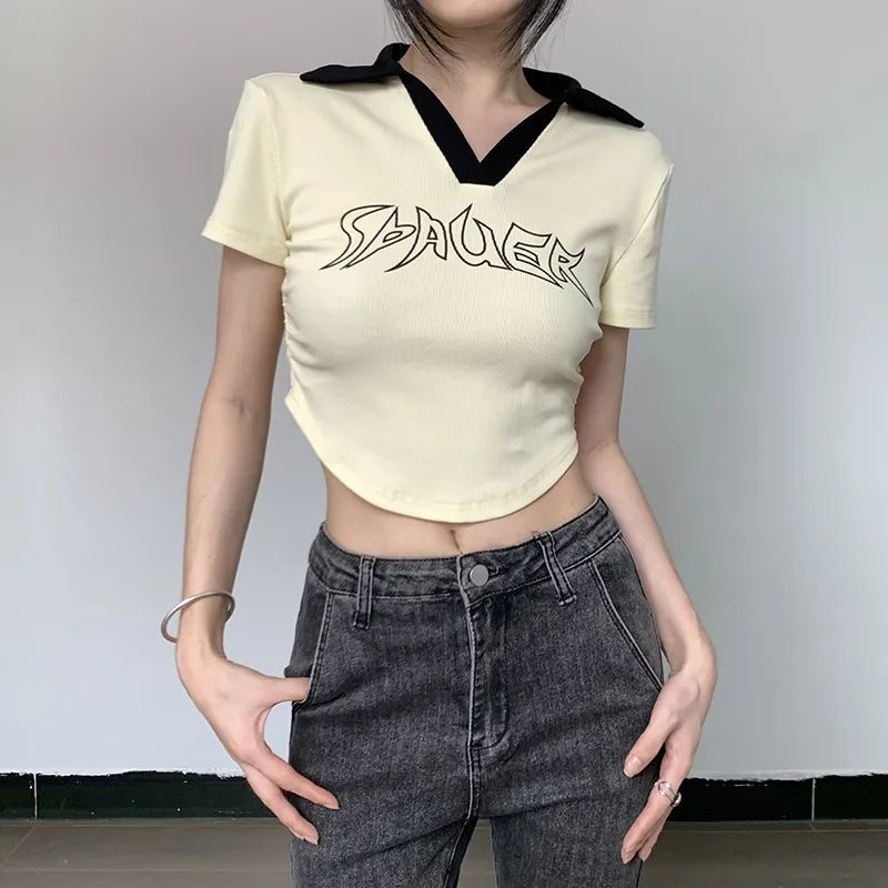 Red American retro lapel design letter printing lengan pendek T-shirt babes regular slim slim navel top summer