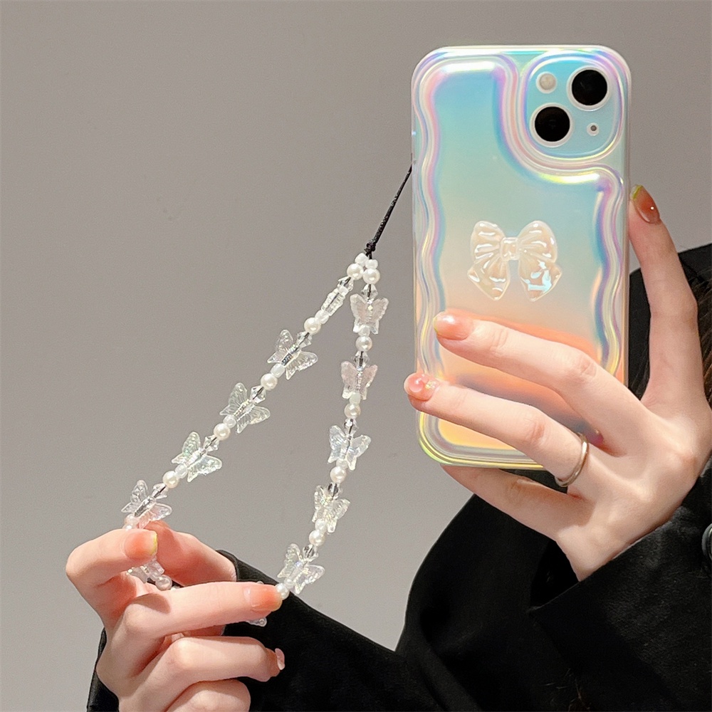 IPHONE Butterfly 3D Bow White Wavy Love Bracelet Phone Case Untuk Iphone14 12 13 Xsmax 11 Promax Electroplating Laser Soft Shell TPU Pelindung Bantal Udara Cover