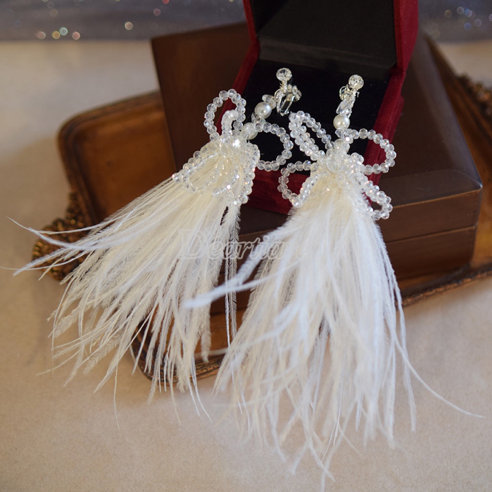 Anting Pengantin Wanita Super Abadi Premium Kristal Earclip Wedding Feather Style Earrings Handmade Manik