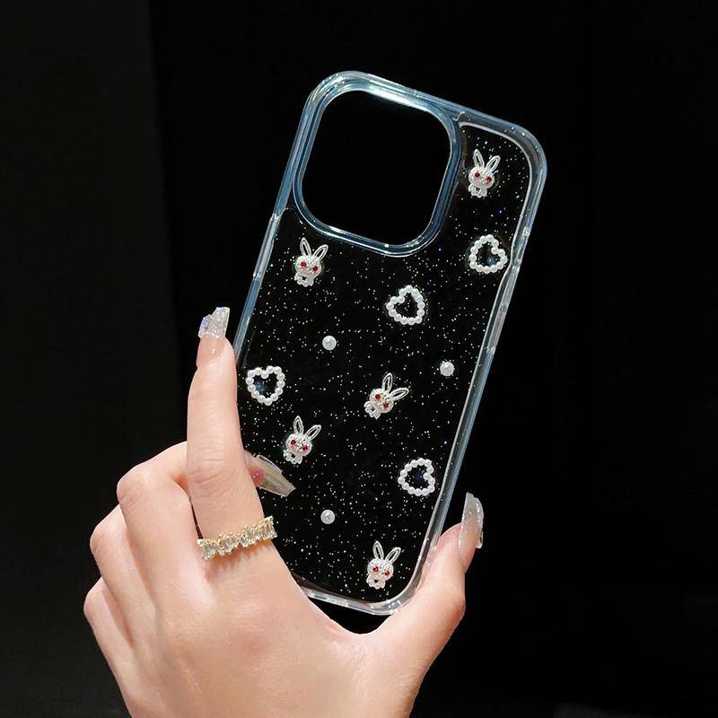 Glitter Lucu Kartun Kelinci Mutiara Love Heart Epoxy Phone Case Untuk Iphone14 13 12 11 Pro MAX Plus Mini Clear Cover Untuk iPhone X XS MAX XR 7 8 Plus SE 2022 2020 14Plus 13Mini 12Mini