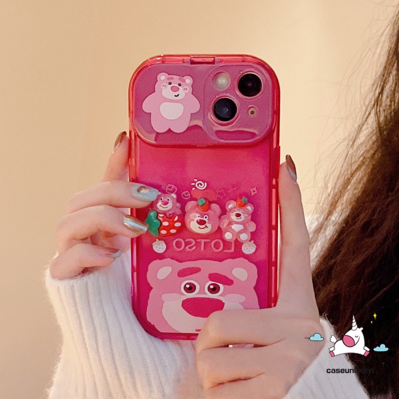 Casing Kartun Manyo Case Kompatibel Untuk iPhone 11 Pro Max7 8 14 Plus 7Plus 14 12 13 Pro MAX XR X XS MAX SE Beruang Strawberry Lucu 3D Mainan Flip Make Up Cermin Shockproof Soft Cover