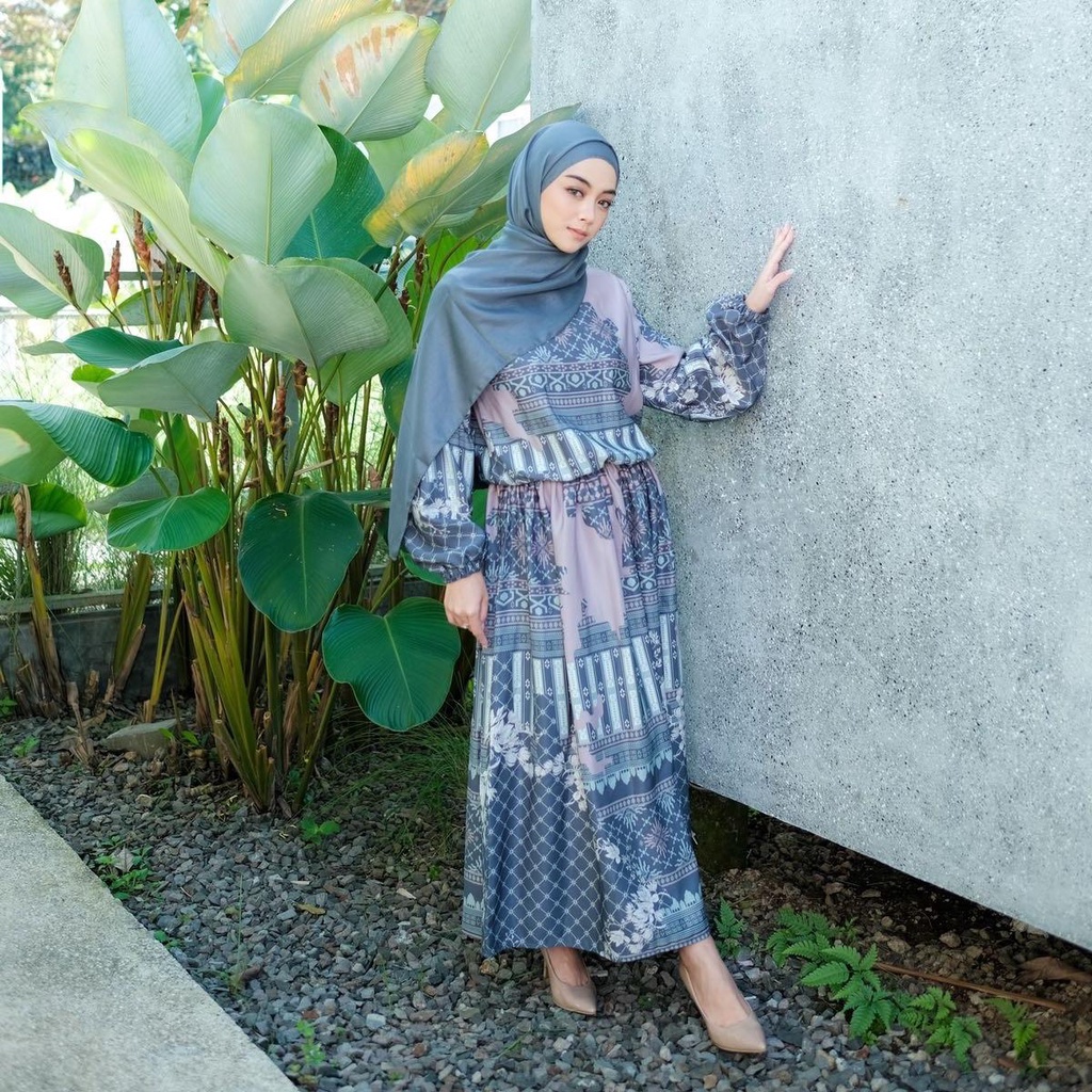Anma Dress Motif Printing Karet Pinggang Wudhu Friendly