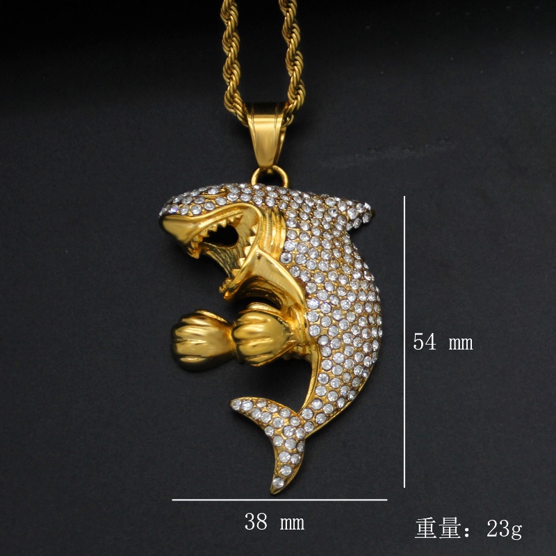 [Z H Perhiasan] Vintage Tinju Hiu Penuh Berlian Hip Hop Liontin Fashion Pria Anti Karat Kalung Pesta Batu Baja Titanium Perhiasan Aksesoris Grosir