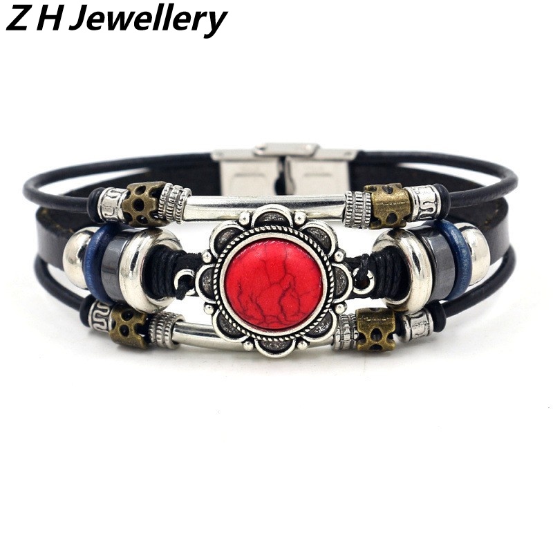 [Z H Perhiasan] Vintage Turquoise Gemstone Gelang Kulit Pria Dan Wanita Fashion Stainless Steel Multilayer Manik-Manik PU Gelang Punk Rock Pesta Perhiasan Aksesoris