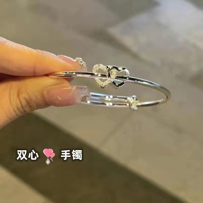 Fashion Gelang Hati Ganda Kristal Bangle Perak Untuk Aksesoris Perhiasan Wanita