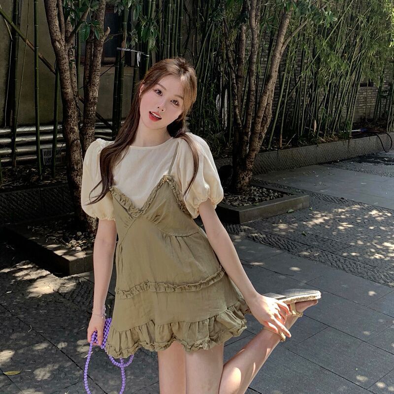 Red Gaun suspender pengurang usia retro untuk wanita musim panas setelan dua potong kecil rok a-line kasual rok pendek t-shirt atasan