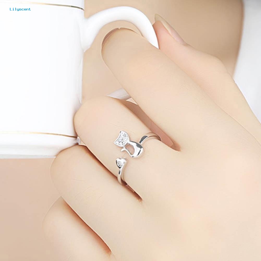 Lilyscent 1Pc Cubic Zirconia Hewan Kucing Kecil Yang Lucu Hati Terbuka Cincin Fashion Perhiasan