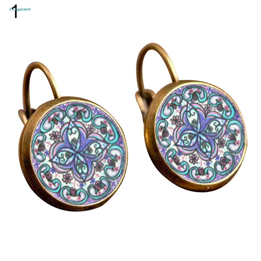 Lilyscent Retro Mandala Bunga Bulat Bronze Klip Telinga Gadis Wanita Leaverback Earrings