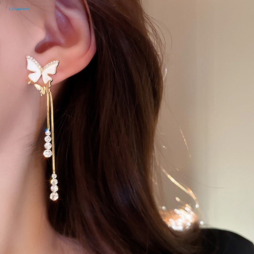 Lilyscent Desain Sederhana Anting Panjang Aksesoris Fashion Hias Berlian Imitasi Kupu-Kupu Stud Earrings Rumbai Panjang