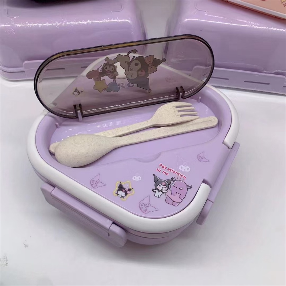 ღ Sanrio Lunch Box Set Kawaii Cinnamoroll Melody Kuromi Purin Microwave Kotak Makan Siang Siswa Tiga Kompartemen Dengan Peralatan Makan Kotak Pemelihara Segar Lucu